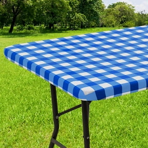 decorUhome Fitted Checkered Tablecloth, Vinyl Rectangular Table Cloth for 30"×72"in(90"×197"cm) Tables, Waterproof Buffalo Plaid Table Cover, Blue and White