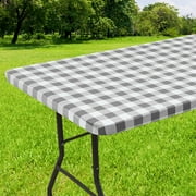 decorUhome Fitted Checkered Tablecloth, Vinyl Rectangular Table Cloth for 30"×72"in(90"×197"cm) Tables, Waterproof Buffalo Plaid Table Cover, Grey and White