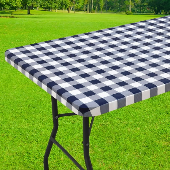 decorUhome Fitted Checkered Tablecloth, Vinyl Rectangular Table Cloth for 30"×72"in(90"×197"cm) Tables, Waterproof Buffalo Plaid Table Cover, Navy and White