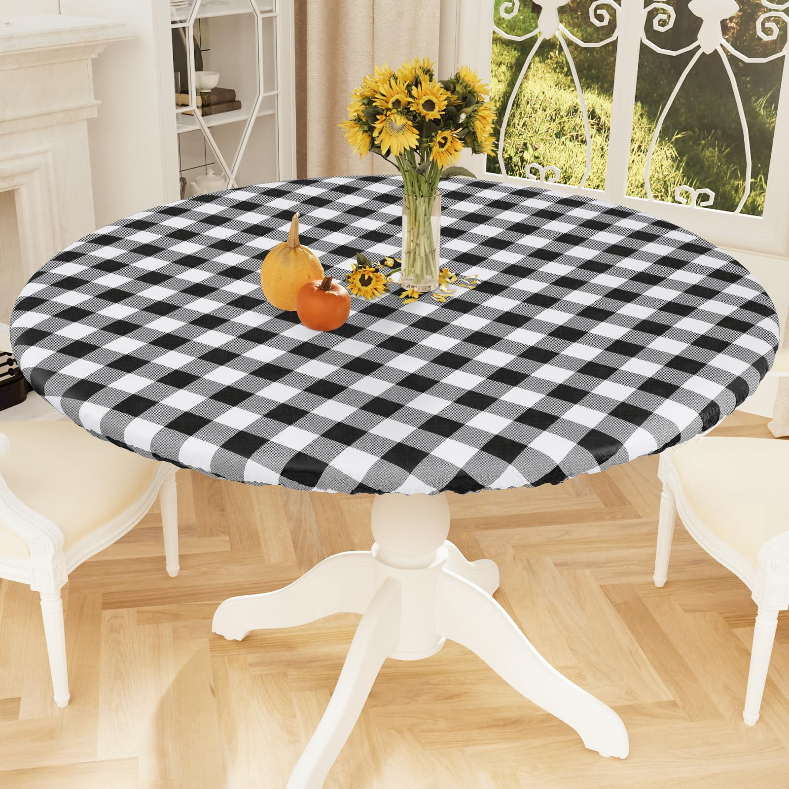 decorUhome Fitted Checkered Tablecloth, Vinyl Round Table Cloth for 36"-44" Tables, Waterproof Buffalo Plaid Table Cover, Black and White