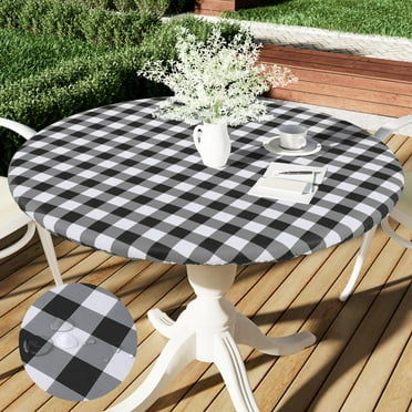 decorUhome Fitted Checkered Tablecloth, Vinyl Round Table Cloth for 36"-44" Tables, Waterproof Buffalo Plaid Table Cover, Black and White