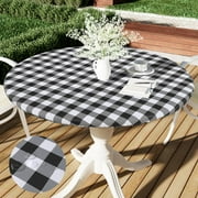 decorUhome Fitted Checkered Tablecloth, Vinyl Round Table Cloth for 36-44 Tables, Waterproof Buffalo Plaid Table Cover, Black and White