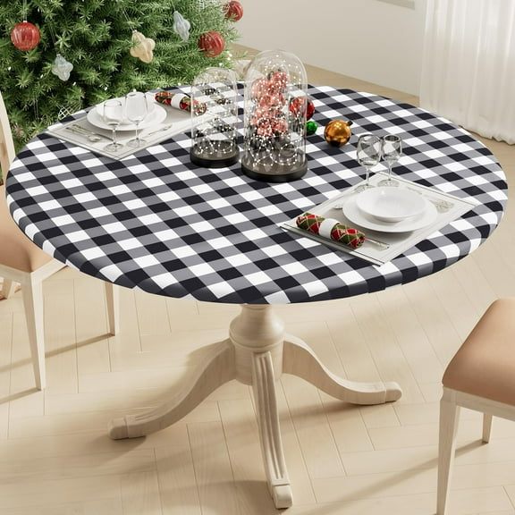 decorUhome Fitted Checkered Tablecloth, Vinyl Round Table Cloth for 36"-44" Tables, Waterproof Buffalo Plaid Table Cover, Black and White
