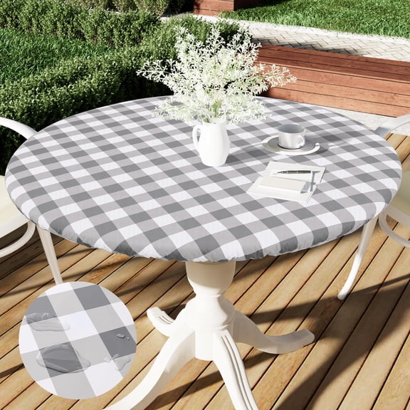 decorUhome Fitted Checkered Tablecloth, Vinyl Round Table Cloth for 36"-44" Tables, Waterproof Buffalo Plaid Table Cover, Grey and White