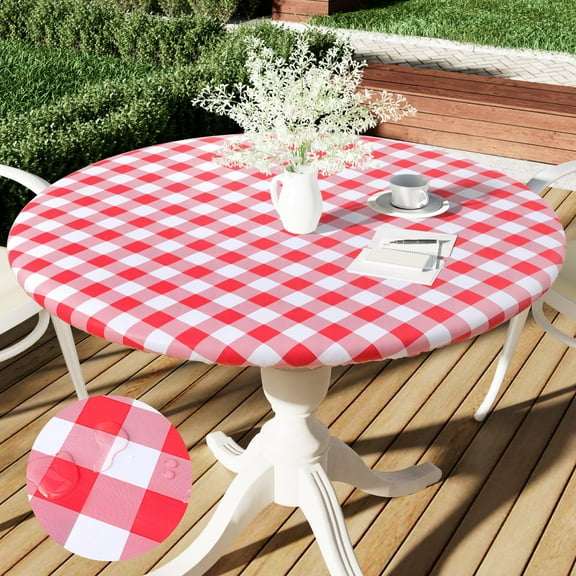 decorUhome Fitted Checkered Tablecloth, Vinyl Round Table Cloth for 36"-44" Tables, Waterproof Buffalo Plaid Table Cover, Red and White