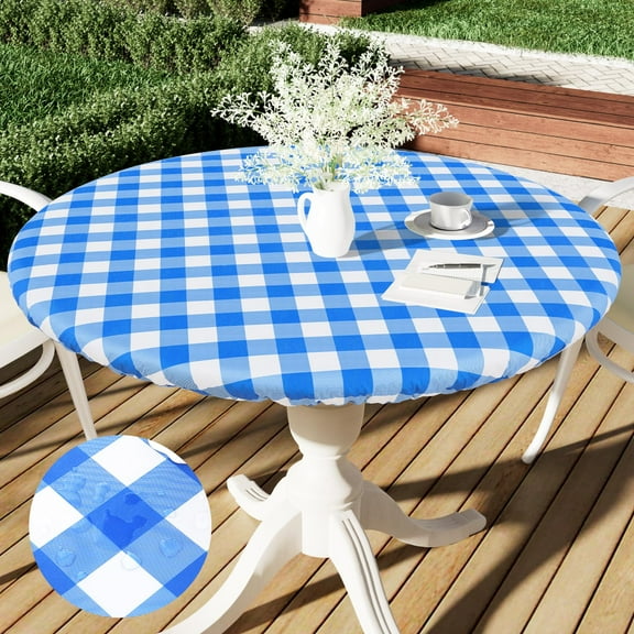 decorUhome Fitted Checkered Tablecloth, Vinyl Round Table Cloth for 45"-56" Tables, Waterproof Buffalo Plaid Table Cover, Blue and White
