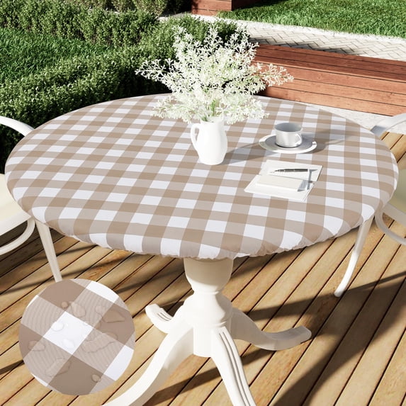 decorUhome Fitted Checkered Tablecloth, Vinyl Round Table Cloth for 57"-68" Tables, Waterproof Buffalo Plaid Table Cover, Khaki and White