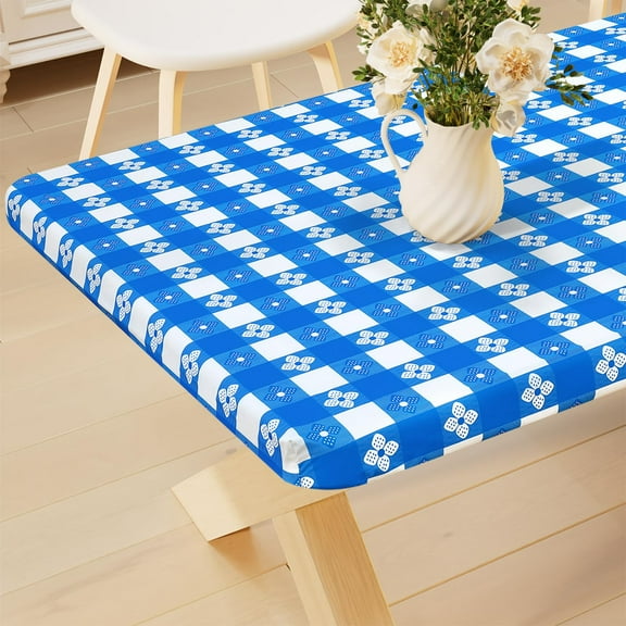 decorUhome Fitted Tablecloth for Rectangular Tables, Waterproof Elastic Table Cloths, Flannel Backed Vinyl Table Cover for Indoor and Outdoor(30"x72", Blue)