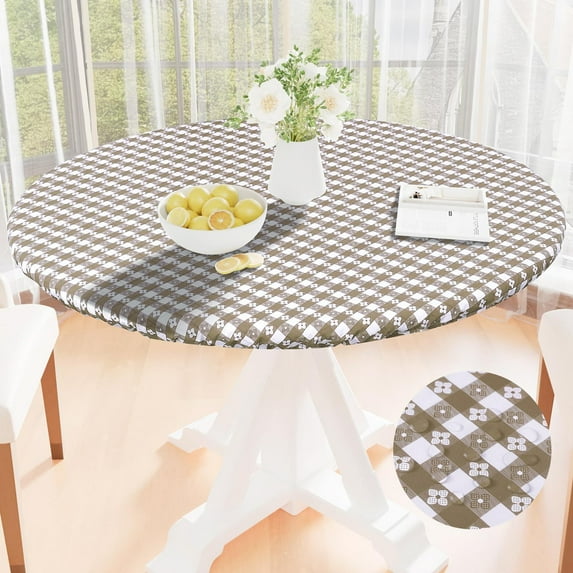 decorUhome Fitted Tablecloth for Round Tables, Waterproof Elastic Table Cloths, Flannel Backed Vinyl Table Cover for Indoor and Outdoor(60R, Khaki)