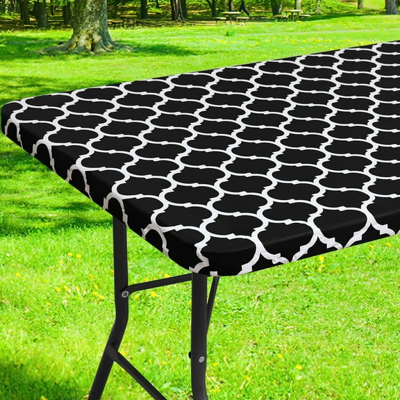 decorUhome Fitted Vinyl Tablecloth Rectangular 30"×72"in(90"×197"cm), Waterproof Wipeable PVC Table Cover, Moroccan, Black, For Indoor or Outdoor