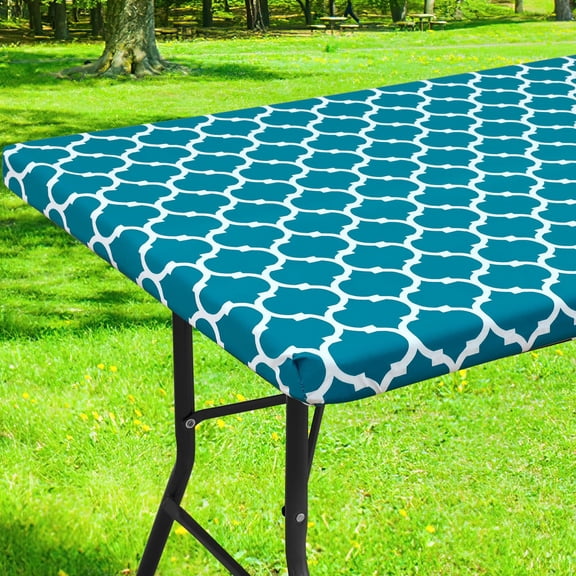 decorUhome Fitted Vinyl Tablecloth Rectangular 30"×72"in(90"×197"cm), Waterproof Wipeable PVC Table Cover, Moroccan, Turquoise, For Indoor or Outdoor