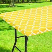 decorUhome Fitted Vinyl Tablecloth Rectangular 30" 72"in90" 197"cm, Waterproof Wipeable PVC Table Cover, Moroccan, Yellow, For Indoor or Outdoor