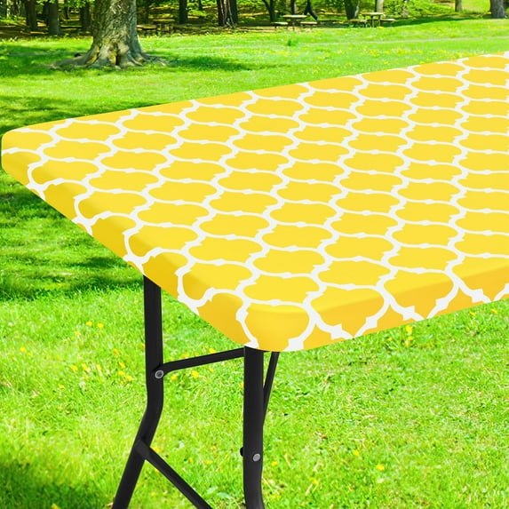 decorUhome Fitted Vinyl Tablecloth Rectangular 30"×72"in(90"×197"cm), Waterproof Wipeable PVC Table Cover, Moroccan, Yellow, For Indoor or Outdoor