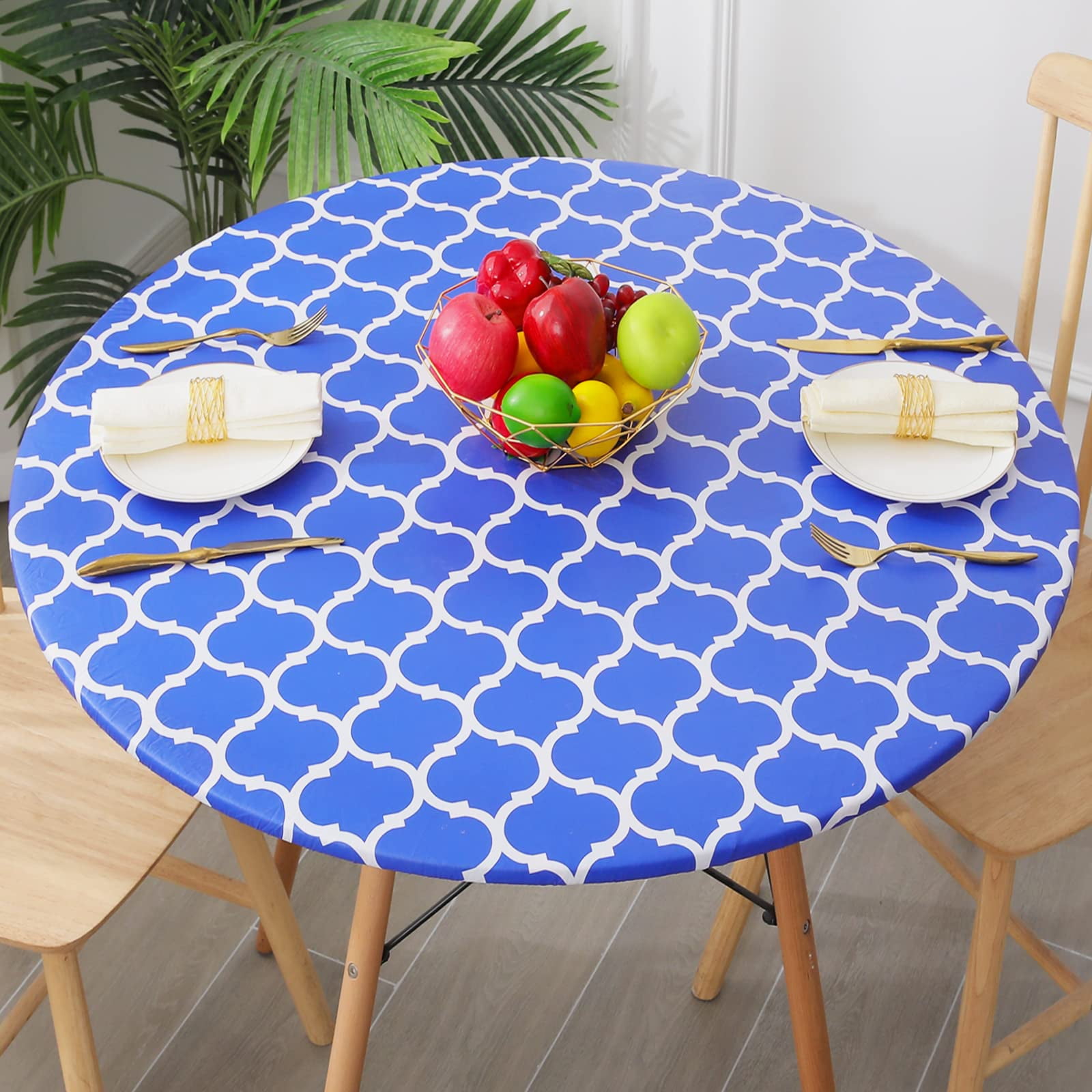 decorUhome Fitted Vinyl Tablecloth Round 36"44" Diameter, Waterproof Wipeable PVC Table Cover