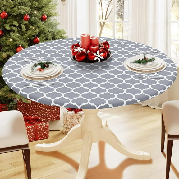decorUhome Fitted Vinyl Tablecloth Round 36"-44" Diameter, Waterproof Wipeable PVC Table Cover, Moroccan, Grey, For Indoor or Outdoor
