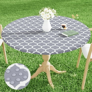 decorUhome Fitted Vinyl Tablecloth Round 36"-44" Diameter, Waterproof Wipeable PVC Table Cover, Moroccan, Grey, For Indoor or Outdoor