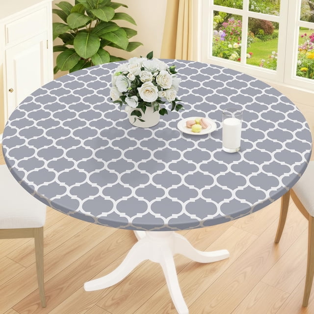 decorUhome Fitted Vinyl Tablecloth Round 36"-44" Diameter, Waterproof Wipeable PVC Table Cover, Moroccan, Grey, For Indoor or Outdoor