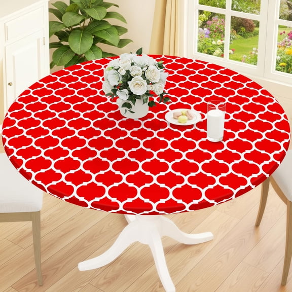decorUhome Fitted Vinyl Tablecloth Round 36"-44" Diameter, Waterproof Wipeable PVC Table Cover, Moroccan, Red, For Indoor or Outdoor