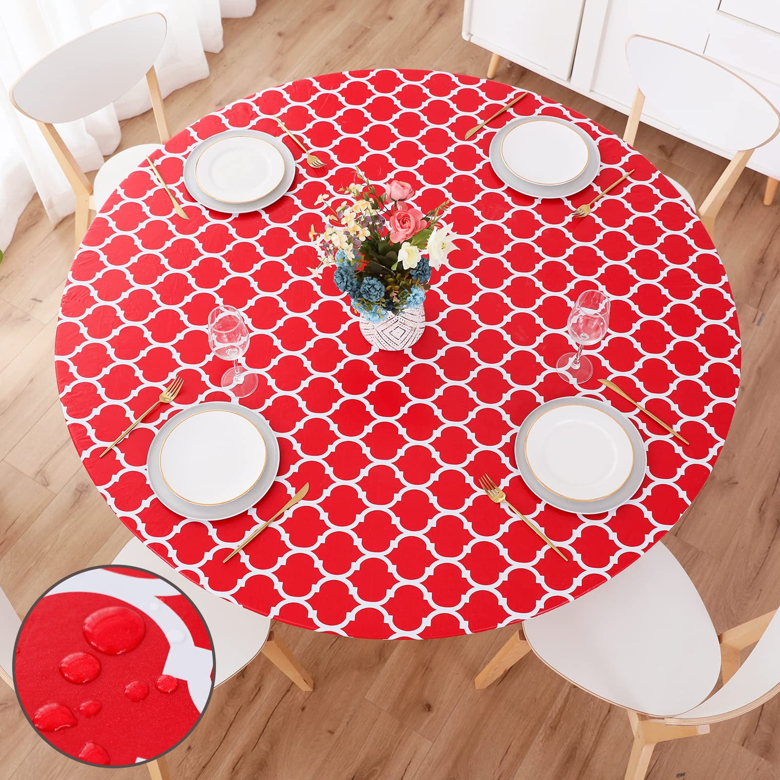 decorUhome Fitted Vinyl Tablecloth Round 36"44" Diameter, Waterproof Wipeable PVC Table Cover