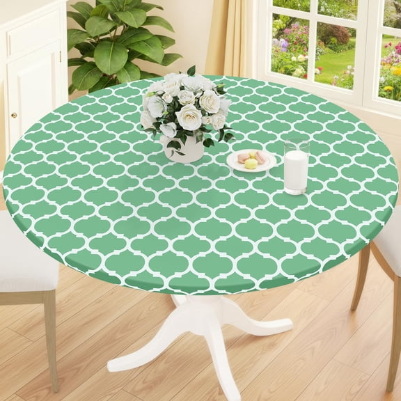 decorUhome Fitted Vinyl Tablecloth Round 36"-44" Diameter, Waterproof Wipeable PVC Table Cover, Moroccan, Sage Green, For Indoor or Outdoor