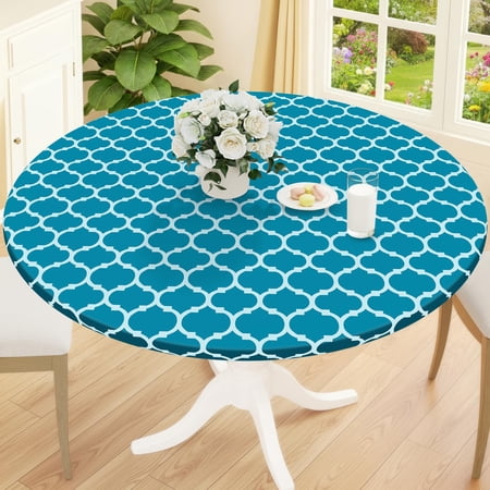 decorUhome Fitted Vinyl Tablecloth Round 36"-44" Diameter, Waterproof Wipeable PVC Table Cover, Moroccan, Turquoise, For Indoor or Outdoor