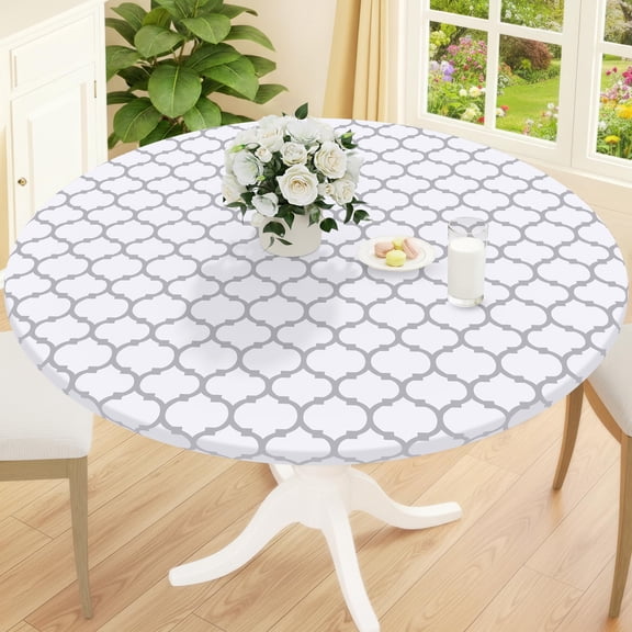 decorUhome Fitted Vinyl Tablecloth Round 36"-44" Diameter, Waterproof Wipeable PVC Table Cover, Moroccan, White, For Indoor or Outdoor