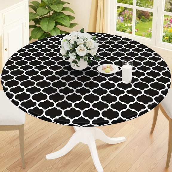 decorUhome Fitted Vinyl Tablecloth Round 43"-56" Diameter, Waterproof Wipeable PVC Table Cover, Moroccan, Black, For Indoor or Outdoor