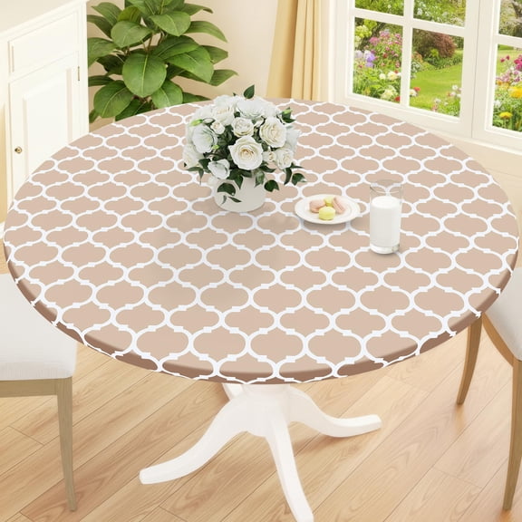 decorUhome Fitted Vinyl Tablecloth Round 43"-56" Diameter, Waterproof Wipeable PVC Table Cover, Moroccan, Khaki, For Indoor or Outdoor