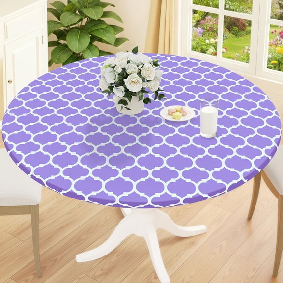 decorUhome Fitted Vinyl Tablecloth Round 43"-56" Diameter, Waterproof Wipeable PVC Table Cover, Moroccan, Lavender, For Indoor or Outdoor