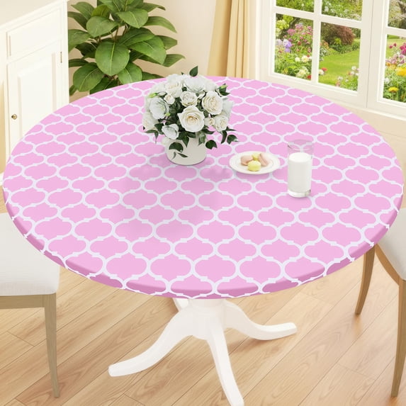 decorUhome Fitted Vinyl Tablecloth Round 43"-56" Diameter, Waterproof Wipeable PVC Table Cover, Moroccan, Pink, For Indoor or Outdoor