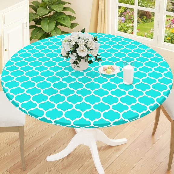 decorUhome Fitted Vinyl Tablecloth Round 43"-56" Diameter, Waterproof Wipeable PVC Table Cover, Moroccan, Teal, For Indoor or Outdoor