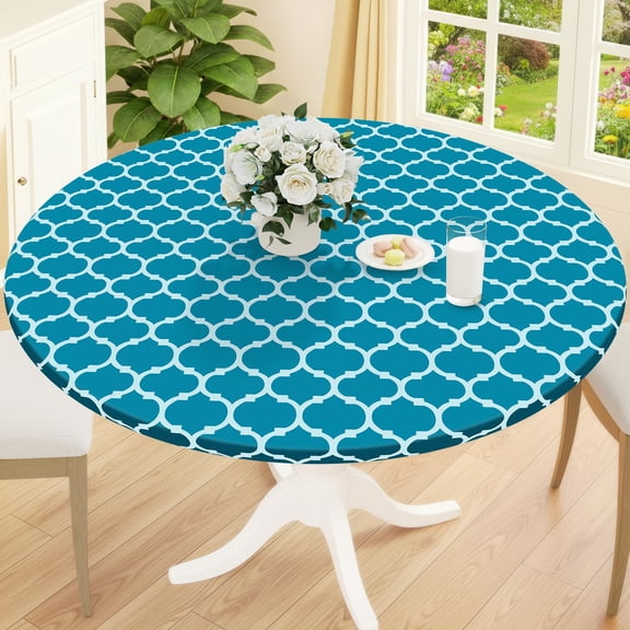 decorUhome Fitted Vinyl Tablecloth Round 43"-56" Diameter, Waterproof Wipeable PVC Table Cover, Moroccan, Turquoise, For Indoor or Outdoor