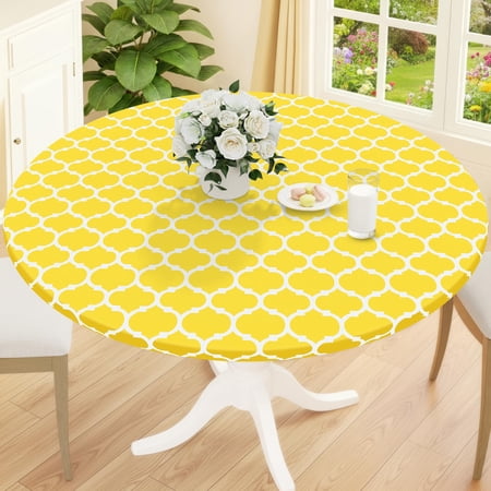 decorUhome Fitted Vinyl Tablecloth Round 43"-56" Diameter, Waterproof Wipeable PVC Table Cover, Moroccan, Yellow, For Indoor or Outdoor