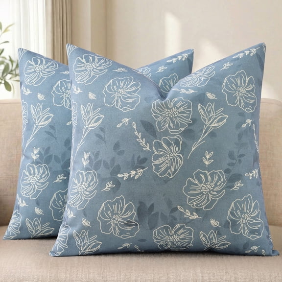 decorUhome Floral Throw Pillow Covers 18x18 Set of 2, Vintage Block Print Farmhouse Decorative Pillow Cases for Couch Sofa, Blue