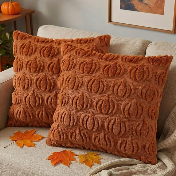 decorUhome Fall Throw Pillow Covers 18x18 Pack of 2, Soft Plush Faux Wool Couch Pillow Covers, Light Rust Pumpkin (Pillow Cover Only, No Inserts Included)