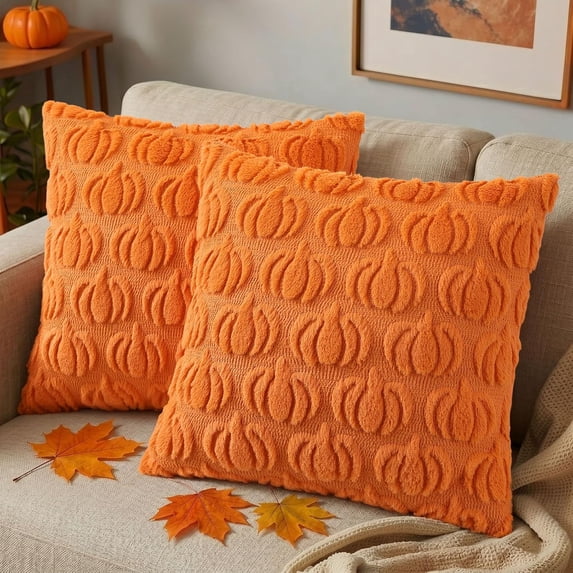 decorUhome Fall Throw Pillow Covers 18x18 Pack of 2, Soft Plush Faux Wool Couch Pillow Covers, Orange Pumpkin (Pillow Cover Only, No Inserts Included)