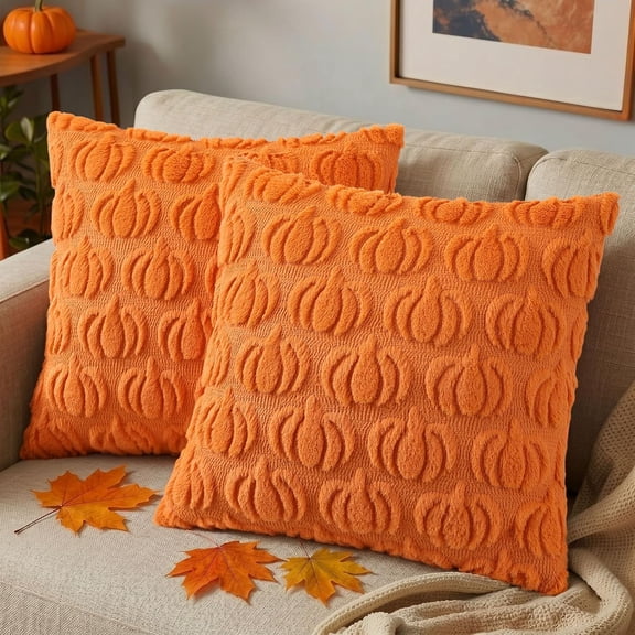 decorUhome Fall Throw Pillow Covers 18x18 Pack of 2, Soft Plush Faux Wool Couch Pillow Covers, Orange Pumpkin (Pillow Cover Only, No Inserts Included)