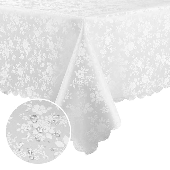 decorUhome Heavy Duty Vinyl Tablecloth, Waterproof Rectangle Table Cloth, Wipeable Floral Dining Table Cover, White, 60" x 120"
