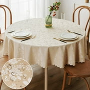 decorUhome Heavy Duty Vinyl Tablecloth, Waterproof Round Table Cloth, Wipeable Floral Dining Table Cover, Beige, 60"Round