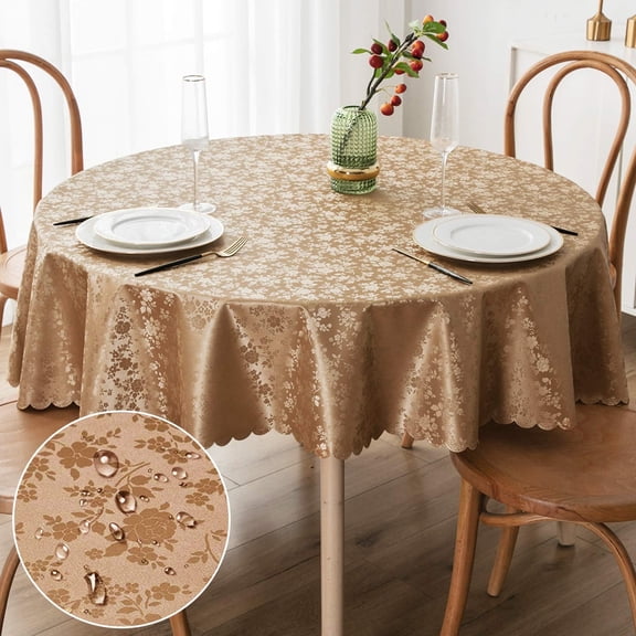 decorUhome Heavy Duty Vinyl Tablecloth, Waterproof Round Table Cloth, Wipeable Floral Dining Table Cover, Brown, 60"Round