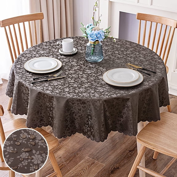 decorUhome Heavy Duty Vinyl Tablecloth, Waterproof Round Table Cloth, Wipeable Floral Dining Table Cover, Coffee, 60"Round
