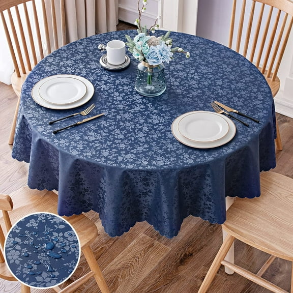 decorUhome Heavy Duty Vinyl Tablecloth, Waterproof Round Table Cloth, Wipeable Floral Dining Table Cover, Navy Blue, 60"Round