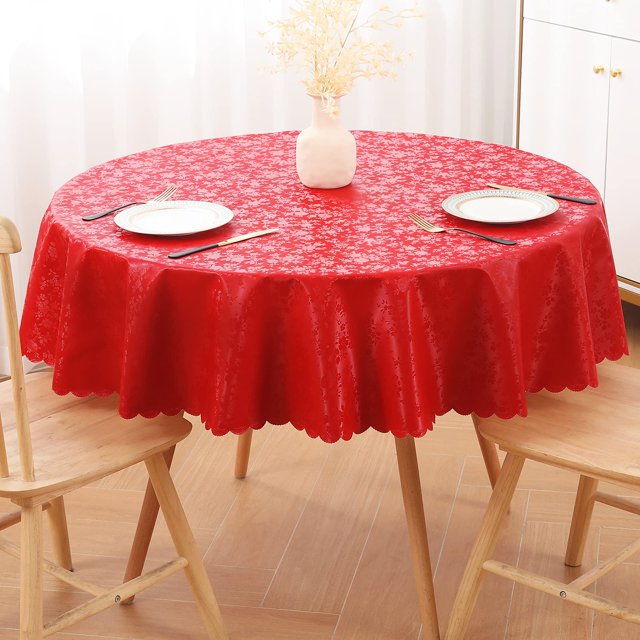 "decorUhome Waterproof Heavy Duty Vinyl Tablecloth, Floral Dining Table Cover, Red, 60""Round
