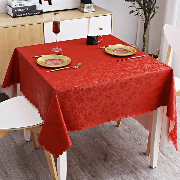 decorUhome Heavy Duty Vinyl Tablecloth, Waterproof Square Table Cloth, Wipeable Floral Dining Table Cover, Red, 54" x 54"