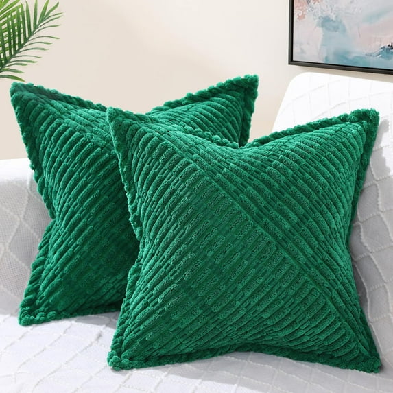 decorUhome Pack of 2 Corduroy Decorative Throw Pillow Covers 16x16 Inch with Splicing, Striped Broadside Throw Pillows for Couch Cushion Livingroom, Green