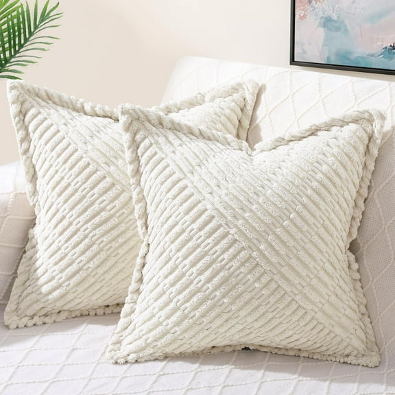 decorUhome Pack of 2 Corduroy Decorative Throw Pillow Covers 18x18 Inch with Splicing, Striped Broadside Throw Pillows for Couch Cushion Livingroom, Cream White