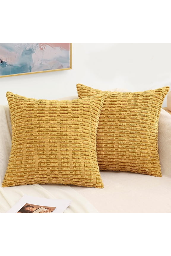 Pack of 2 Decorative Throw Pillow Covers 18x18, Soft Corduroy Striped Couch Pillow Covers, Boho Modern Farmhouse Home Decor, Mustard Yellow