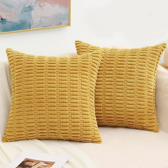 decorUhome Pack of 2 Decorative Throw Pillow Covers 18x18, Soft Corduroy Striped Couch Pillow Covers, Boho Modern Farmhouse Home Decor, Mustard Yellow