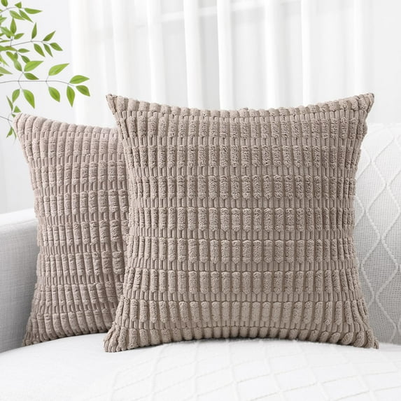 decorUhome Pack of 2 Decorative Throw Pillow Covers 18x18, Soft Corduroy Striped Couch Pillow Covers, Boho Modern Farmhouse Home Decor, Khaki