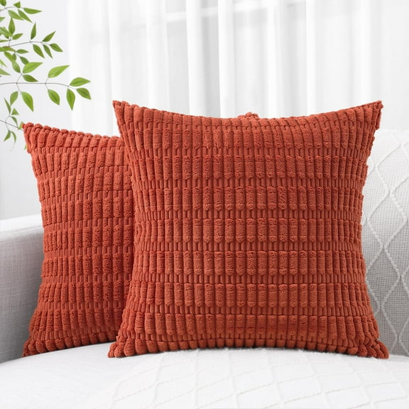 decorUhome Pack of 2 Decorative Throw Pillow Covers 18x18, Soft Corduroy Striped Couch Pillow Covers, Boho Modern Farmhouse Home Decor, Rust